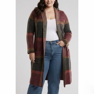 NATURAL Reflections Plaid Shawl Collar Open Front Longline Cardigan Sweater 1X